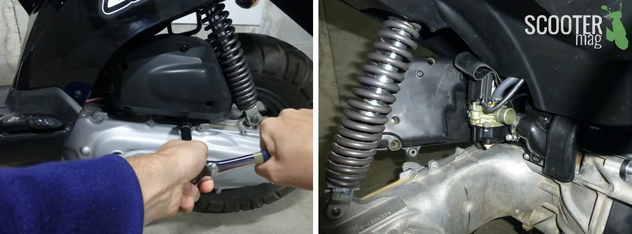 Désolidarisez la boîte à air puis dévissez le collier qui maintient le carburateur