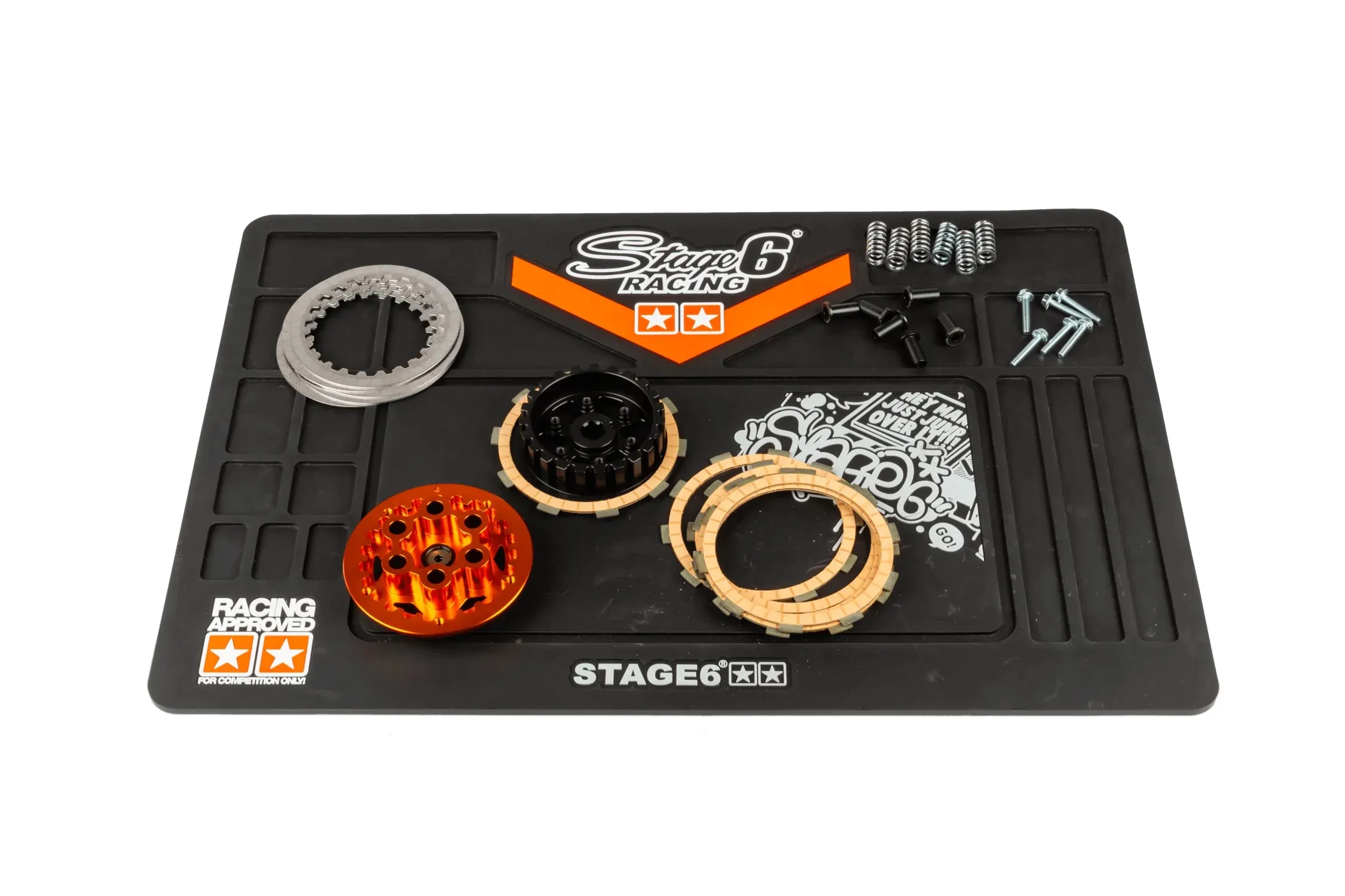 Compartiments intégrés du tapis Stage6 pour ranger vis et petites pièces